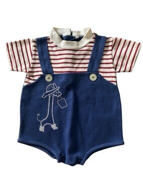 VTG Navy and Red Striped Baby One-Piece Bodysuit with Embroidered Giraffe